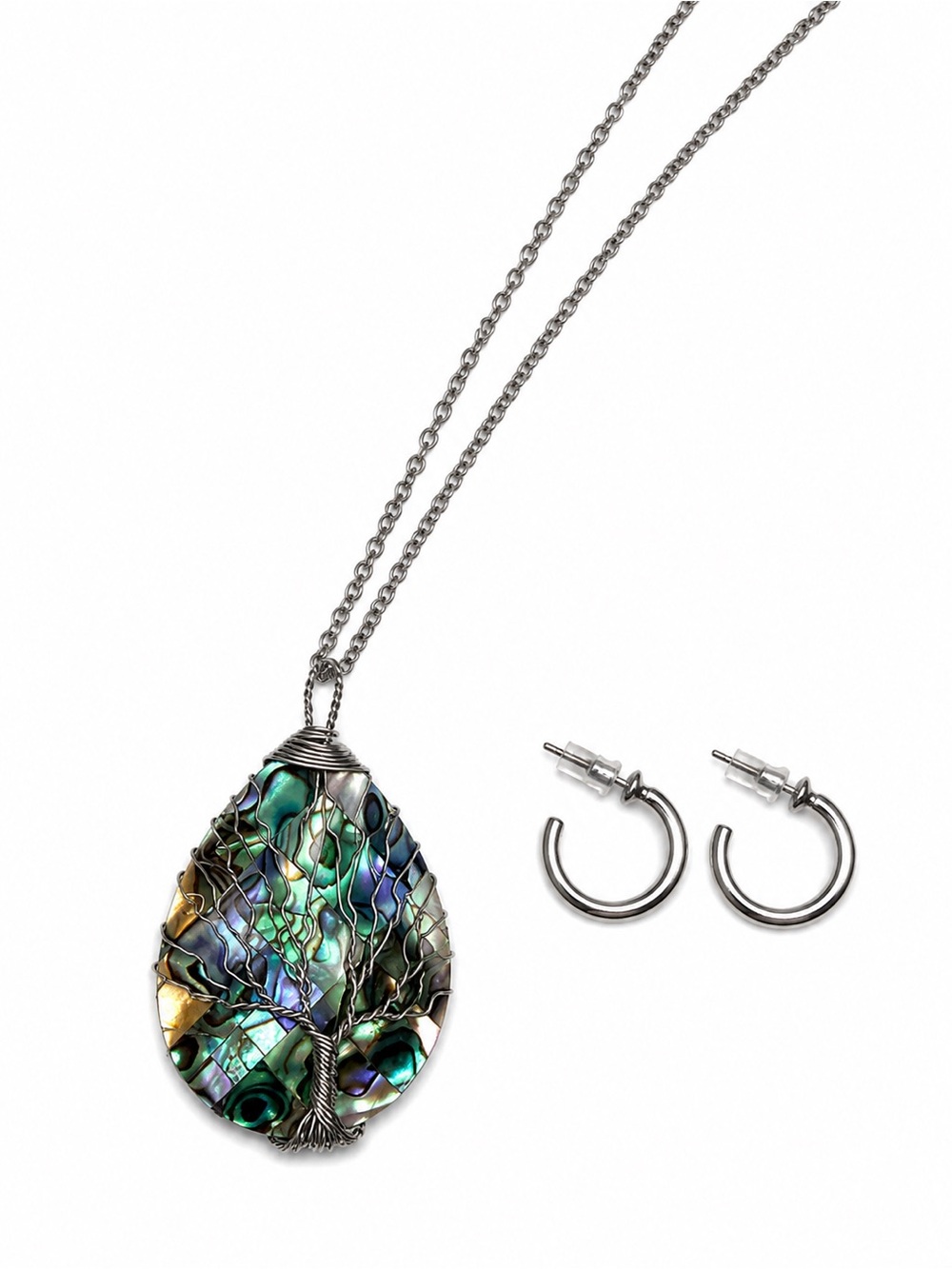 Silver Tone Shell Teardrop Tree Pendant Necklace & Hoop Earrings Jewelry Set